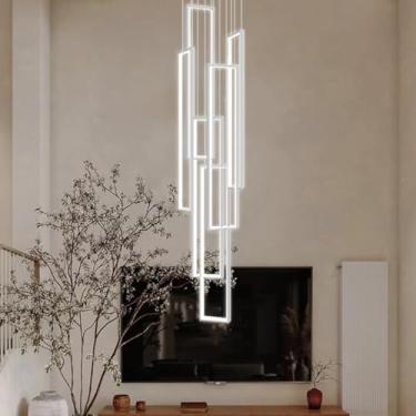 Imagem de Lustre moderno de LED para interiores com pé-direito alto, luminária pendente regulável, elegante e retangular, ideal para escadas em espiral, salas de estar de casas de campo, hotéis e rest