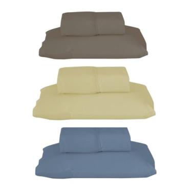 Imagem de Kit 3 Jogos de Lençol Solteiro com Elástico, 188x88x30cm, 80% Algodão 20% Poliéster, Percal 180 Fios, Cores Variadas, Inclui 3 Lençóis e 3 Fronhas (Cor: Marrom/Amarelo/Azul)