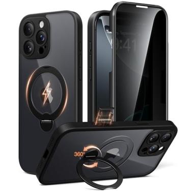 Imagem de BERFY Capa para iPhone 16 Pro Max, compatível com MagSafe, protetor de tela de privacidade integrado e suporte magnético giratório 360, capa de telefone transparente à prova de choque para 16 Pro Max