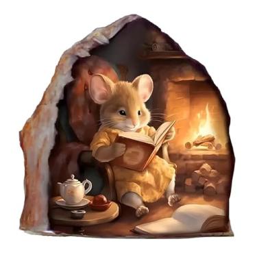 Imagem de Adesivo de parede bonito com mouse de desenho animado, leitura à lareira, adesivo removível para quarto de crianças, quarto, decoração de parede