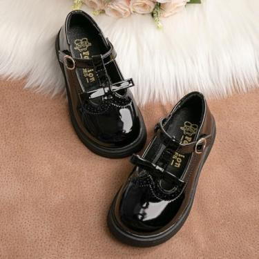 Imagem de Sapatos sociais femininos pretos de couro envernizado para meninas pequenas, sapatilhas de laço Mary Jane para uniforme escolar, casamento, sola antiderrapante mocassins grossos sem cadarço, 01 Preto