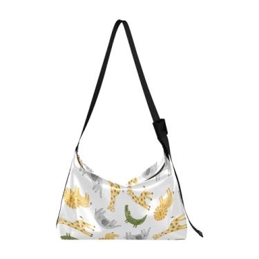 Imagem de Bolsa Hobo Feminina de Couro PU Azul Escuro Bonito Crocodilo Bolsa de Couro Grande Estampa Animal Colorida Bolsa Hobo, Girafa elefante aquarela animais