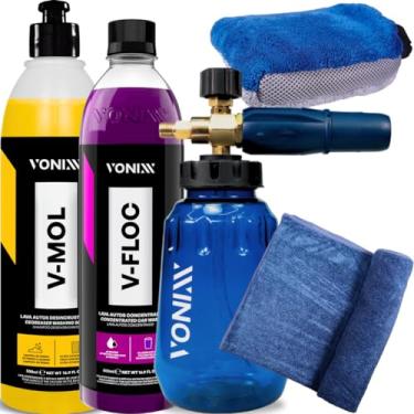 Imagem de Kit Lavagem Vonixx Snow Foam Fast Shampoo Neutro Super Concentrado V-floc 500ml Desincrustante V-mol 500ML Toalha Secagem 50X90 Luva 2em1 Vonixx