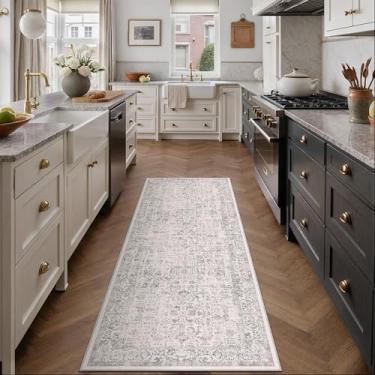 Imagem de PureCozy Tapete de corredor cinza 6 cm x 20 cm lavável para corredor cozinha vintage envelhecido antiderrapante interno cinza retrô floral quarto acento tapete longo banheiro escritório lavanderia