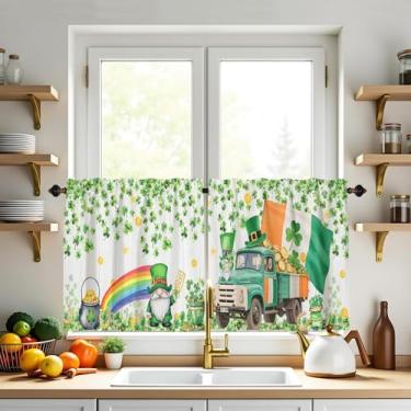 Imagem de XYTIDUKEJI Conjunto de cortinas de cozinha Dia de São Patrício em camadas, gnomos de trevo verde, trevo irlandês, conjunto de 61 cm, janelas para café, sala de estar, sobre a pia, quarto, decoração de