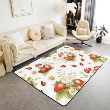Imagem de Erosebridal Tapete de área de joaninha, 1,78 m x 90 cm, tapetes de sala de estar com sete manchas para crianças, meninos, meninas, cogumelo, morango, botânico, vermelho, verde, tapete decorativo