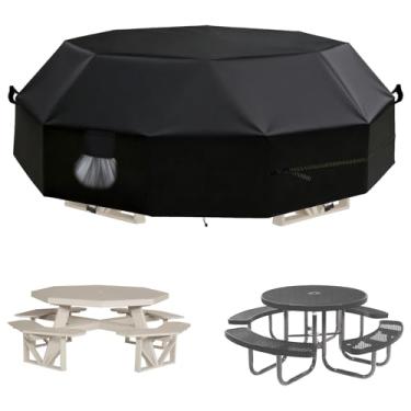 Imagem de FEIJAZUM Octagon Capa de mesa de piquenique – Tecido Oxford 600D à prova d'água, à prova de vento, resistente a raios UV, serve para mesas externas de 6/8 lugares com cobertura de cadeira (preta, 233