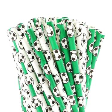 Imagem de NIEITRK 100 canudos de papel biodegradáveis com tema de futebol, canudos descartáveis para sucos, café, artigos de festa de Páscoa, decoração de festa de aniversário, suprimentos de decoração de
