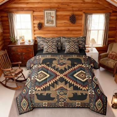 Imagem de Erosebridal Jogo de cama rústica, Queen, casa de fazenda, urso, chalé, 7 peças, vintage, do sudoeste, caça, vida selvagem, colcha com lençol de cima, decoração de cabana de urso