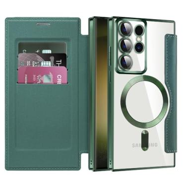 Imagem de MEMAXELUS Capa carteira para Samsung Galaxy S26 Ultra compatível com MagSafe, [bloqueio RFID] Capa magnética à prova de choque de couro PU flip premium com compartimentos para cartão transparente à