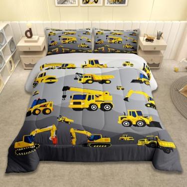Imagem de Feelyou Jogo de cama de escavadeira, macio, para meninos e meninas, veículos de construção, edredom de microfibra para decoração de quarto, 2 peças com 1 fronha