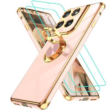 Imagem de Gritup Capa para Motorola Moto Edge 2025: 2 peças, protetor de tela, suporte magnético de rotação de 360°, capa protetora de TPU macio com borda dourada, rosa