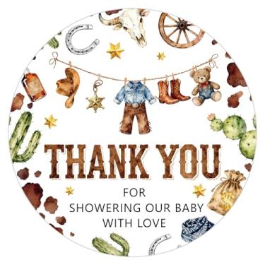 Imagem de Whaline 100 peças de roupas de chá de bebê, adesivos de agradecimento, roupas com tema de caubói ocidental, adesivos redondos para decoração de festa de rodeio de meninos