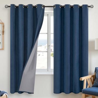 Imagem de YoungsTex Cortinas blackout de linho para quarto, cortinas texturizadas de serapilheira com bloqueio de luz total para sala de estar e fazenda, persianas com ilhós, azul-marinho, 2 painéis, 132 x 182