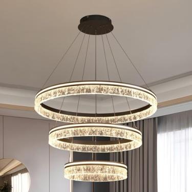 Imagem de Lustre LED moderno com controle remoto, luminária grande para sala de estar com pé direito alto, dimerizável, pendente, luminária suspensa redonda adequada para ilha de cozinha, sala de jant