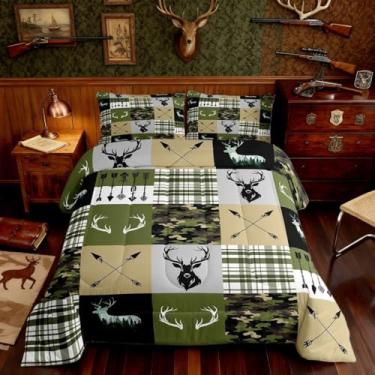 Imagem de Feelyou Conjunto de edredom camuflado para todas as estações, caça de veado, com 1 fronha, microfibra camuflada, solteiro, chifres, decoração de quarto, edredom respirável, macio e leve
