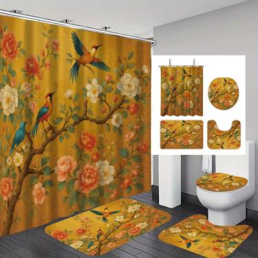 Imagem de Conjunto de cortinas de chuveiro de banheiro Floral Bird, poliéster impermeável