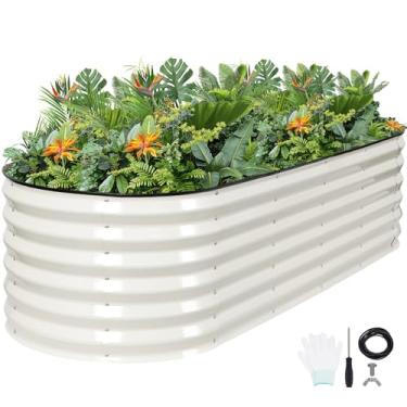 Imagem de G GOOD GAIN Canteiros de jardim elevados – Kit de caixas de plantador galvanizadas de 1,8 x 0,6 x 0,4 m com fita protetora, luvas e ferramentas | Cama elevada de metal oval para jardinagem de legumes