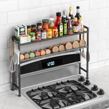 Imagem de Kssiaz Prateleira superior de fogão de 82 cm, prateleira de 2 camadas com 4 ganchos, organizador de temperos, rack de fogão e organizador de armazenamento, inclinação ajustável ou horizontal, preta
