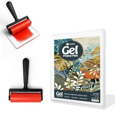 Imagem de Bloco de impressão em gel com pincel - placa de gel reutilizável para monoimpressão, estampagem e arte de textura, inclui mini pincel de rolo - ferramenta de arte não tóxica para iniciantes, artistas