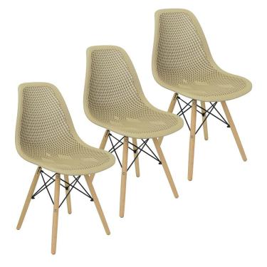 Imagem de Kit 3 Cadeiras Colmeia Furadinha Heloisa Eloá Charles Eames Eiffel Base Madeira - Nude