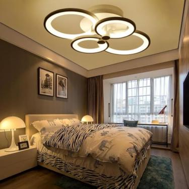 Imagem de Lustre moderno, luminária de teto grande com LED regulável em preto e branco para sala de estar, com design de 6 anéis, em acrílico, ideal para sala de estar, quarto, sala de jantar e escrit