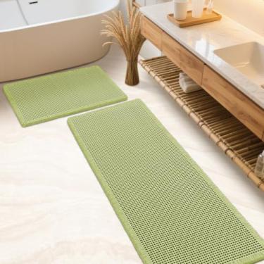 Imagem de IM HOME Conjunto de tapetes de banheiro Waffle verde sálvia, 2 peças, tapetes de banho modernos tecidos, tapete absorvente antiderrapante, tapetes de banho boho macios laváveis com borlas para