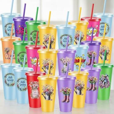 Imagem de Chuangdi 12 peças de copos de mola de 680 g Hello Spring copos reutilizáveis de plástico com tampas e canudinhos temáticos copos para chá de bebê decoração de chá de aniversário lembrancinhas de festa