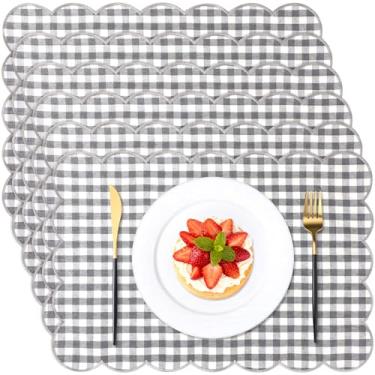 Imagem de SmoothNovelty 6 peças de jogo americano xadrez xadrez de linho guingão 33 x 48 cm, xadrez búfalo, lavável, bordado, ondulado, para mesas de jantar de cozinha familiar (cinza)