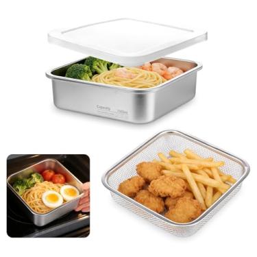 Imagem de Conjunto de escorredor quadrado, 2 em 1, tigela de filtro de aço inoxidável 304 com tampa, recipiente selado de armazenamento de preparação de alimentos para lavar arroz, drenar frutas e legumes