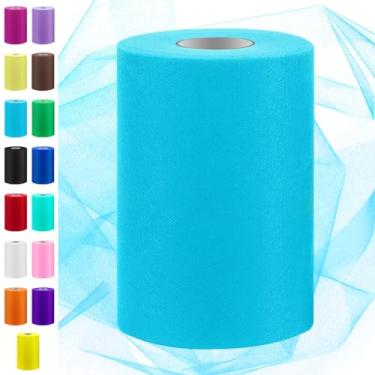 Imagem de Swpeet Rolo de tecido de tule azul claro de 15,8 cm x 100 metros, carretel de tecido de tule, carretel de poliéster de rede para decoração de festa de aniversário feita à mão DIY, casamentos, artigos