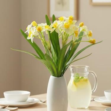 Imagem de 3 lâmpadas artificiais realistas de narciso falso narciso seda amarílis buquês de flores de primavera para decoração de mesa ao ar livre para decoração de sala de jantar (amarelo + branco)