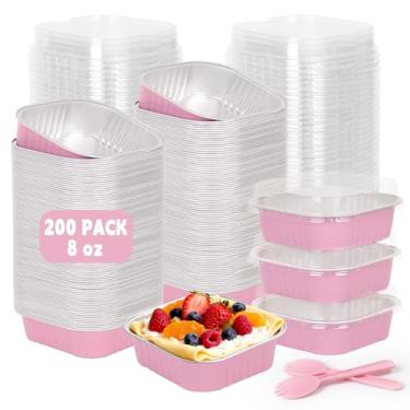 Imagem de DeziWood Pacote com 200 mini formas de bolo quadradas rosa de 227 g com tampas, mini formas de pão com tampas, copos quadrados de folha de alumínio para brownie de ramekins muffin cupcake festa de