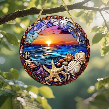 Imagem de Acrílico colorido Suncatcher, vitral, cenário de pôr do sol marinho, janela suspensa de 18 cm, decoração de arte de parede com design de vitral impresso, ideia de presente e ornamento de jardim, uso
