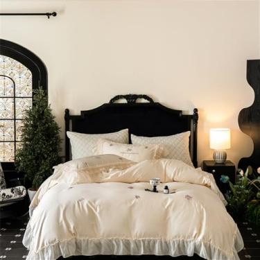 Imagem de Conjunto de cama vintage com bordado de rosas e babados, estilo princesa, para casamento, em algodão, incluindo capa de edredom, lençol de baixo, fronhas (2 unidades), lençol de baixo com 1,8 MB.