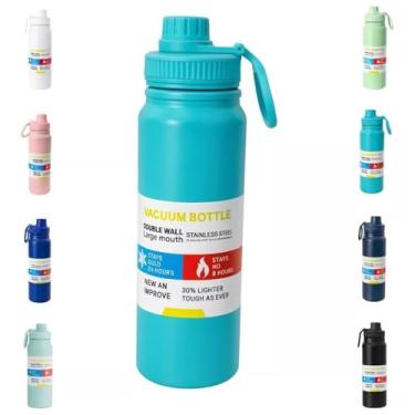 Imagem de Garrafa Térmica de Aço Inoxidável com Isolamento a Vácuo, Azul Celeste, 800ml, Parede Dupla, Mantém Temperatura por 12 Horas, com Alça de Transporte