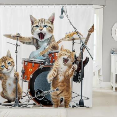 Imagem de Cortina de chuveiro com faixa de gato 183 cm L x 183 cm C Kit de bateria de animal fofo 3D cortina de banheiro para crianças adolescentes adultos instrumento musical impressão tema música moderna