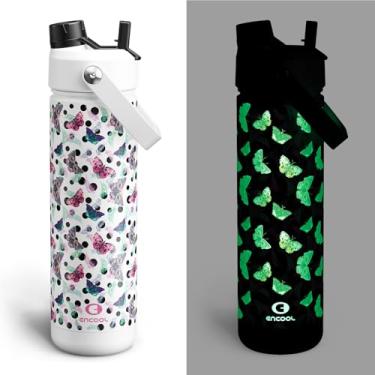 Imagem de ENCOOL Garrafa de água isolada com garrafa de água de aço inoxidável com palha, brilha no escuro, à prova de vazamento, livre de BPA, mantém frio por 24 horas para esportes, viagens, escola (737 g
