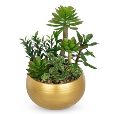 Imagem de DILATATA Plantas suculentas artificiais em vaso dourado, arranjo falso de suculentas, vasos de plantas falsas com seixos para decoração de mesa de escritório em casa