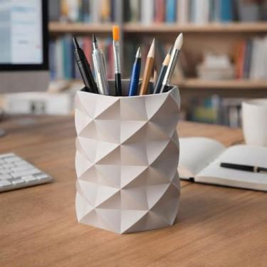 Imagem de Porta Canetas, Lápis, Pincel Geométrico Low Poly, Design Moderno, Organizador de Mesa, Estilo Minimalista (Branco)