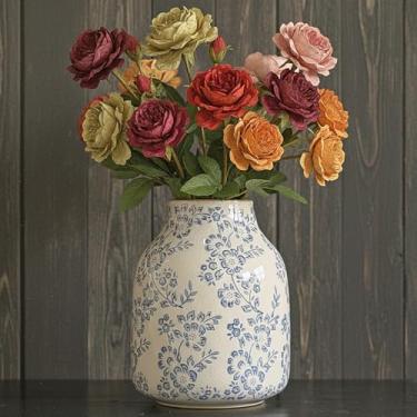 Imagem de Vaso de cerâmica vintage, vaso decorativo floral chinoiserie azul e branco, rústico retrô fazenda acabamento rachado vasos para flores, decoração de casa, sala de estar, centro de mesa, azul-01, 20 cm