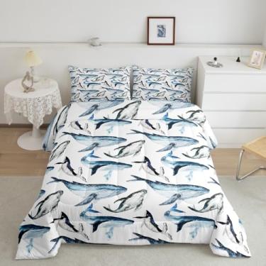 Imagem de Conjunto de edredom com estampa retrô de baleia selvagem, azul grafite, para decoração de quarto, oceano, vida marinha, microfibra escovada, capa de edredom macia, casal