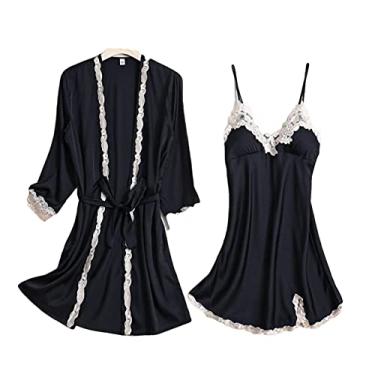 Imagem de HHHJQFAAT Pijamas femininos conjuntos de pijama cami top cetim camisola conjunto de pijama camisola roupa de dormir roupa de casa roupão feminino manga de renda roupa de dormir decote em V XXL preto-B