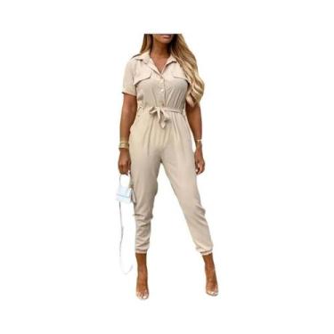 Imagem de Macacão Feminino Monocromático Com Cinto Para Trabalho Casual Com Gola