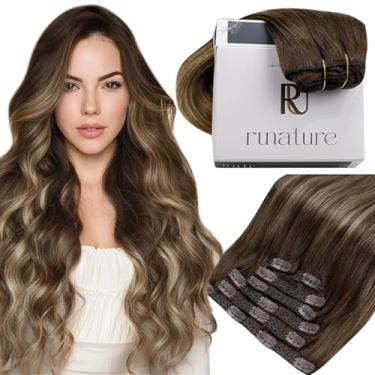 Imagem de RUNATURE Extensões De Cabelo Humano Com Grampos, Balayage, Cabeça Inteira, Remy, Pontas Grossas, Fácil Aplicar, 18" 120G, 7 Peças, #4/27/4, Castanho Escuro, Loiro Caramelo