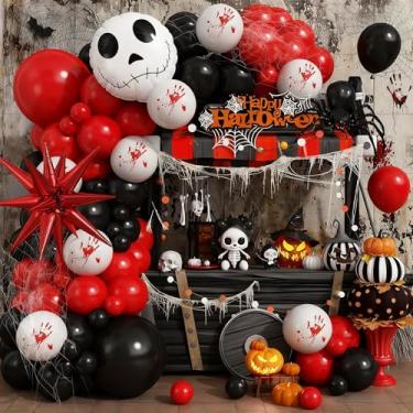 Imagem de Kit de Arco de Balão de Halloween Balões Sangrentos Guirlanda Balão Preto e Vermelho com Rosto de Caveira Explosão Estrela Balão de Folha para Pesadelo Tema Horror Aniversário Esqueleto Vampiro
