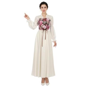 Imagem de XINVTIV Vestido longo medieval vintage vitoriano florido estampado ajustável mangas bufantes para Halloween
