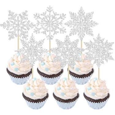 Imagem de Gyufise 36Pcs Snowflake Cupcake Toppers Glitter Frozen Cupcake Picks Snowflake Cake Decorations for Winter Wonderland Frozen Theme Baby Shower Birthday Christmas Party Supplies Silver