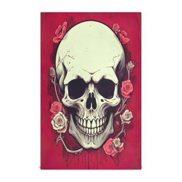 Imagem de Wassud Toalhas de cozinha caveira com rosa vermelha panos de prato de cozinha 1 pacote panos de prato macios com laço para pendurar toalha de mão de secagem rápida super absorvente toalhas de chá de