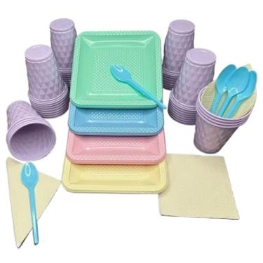 Imagem de Conjunto para festa de aniversário com 180 peças Pratos, copos, colheres e guardanapos em tons doces Serve 40 convidados(Sortidos 5)